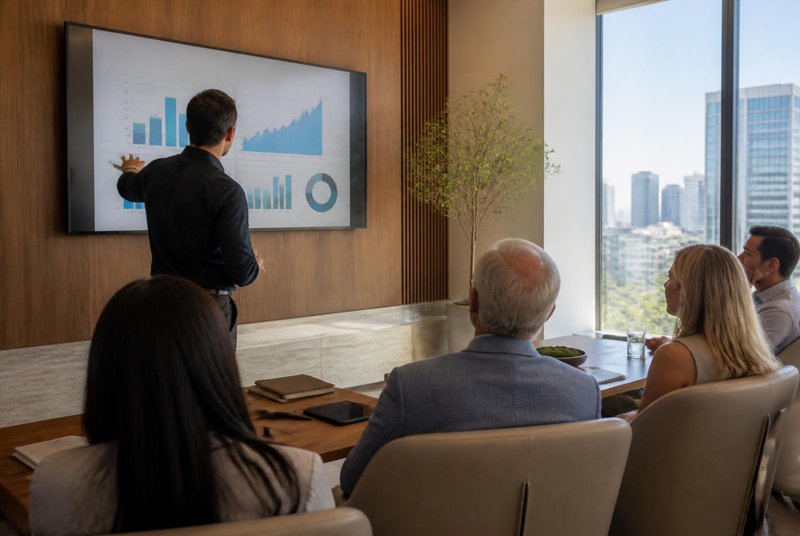 Minimal glass-walled meeting room in a contemporary office